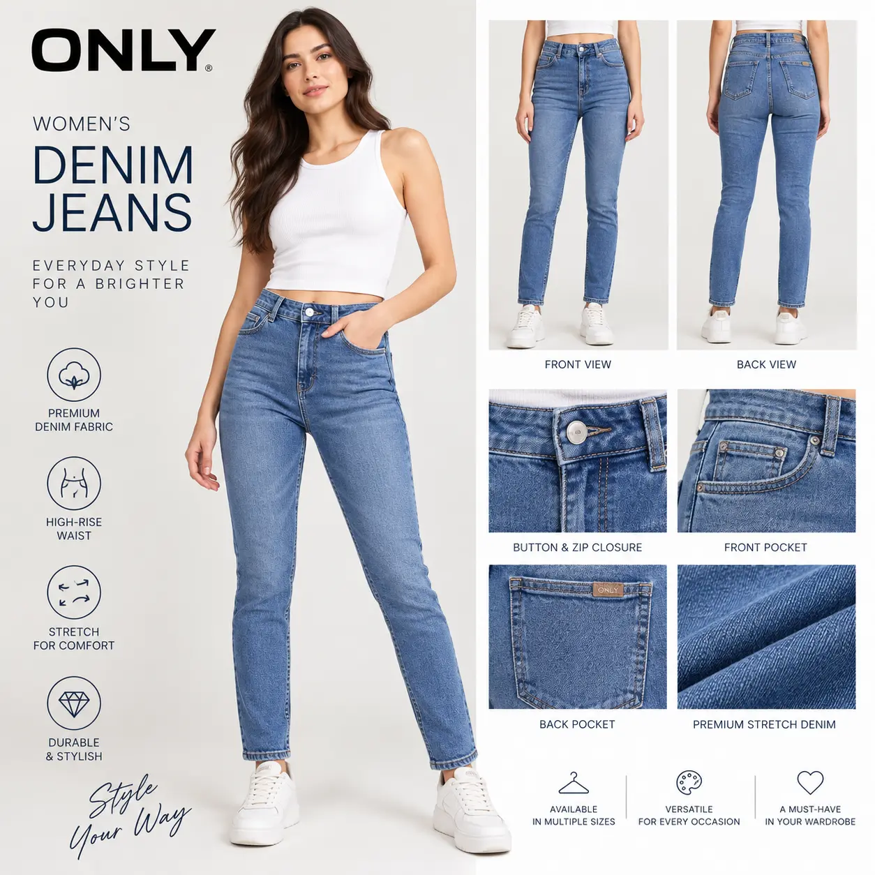 Women's High-Rise Denim Jeans (Blue)