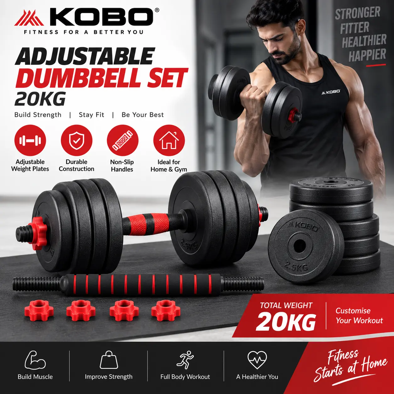 Adjustable Dumbbell Set 20kg KOBO